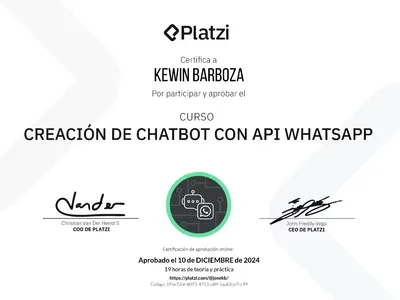 Certificado de Curso de ChatBot con WhatsApp API emitido por Platzi