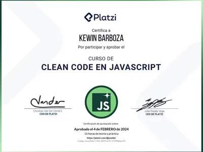 Certificado de Curso de Clean Code y Buenas Prácticas con JavaScript emitido por Platzi