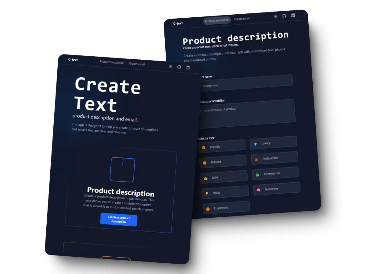 Captura de pantalla o vista previa del proyecto Create Text: Genera descripciones de productos y correos con IA en segundos.