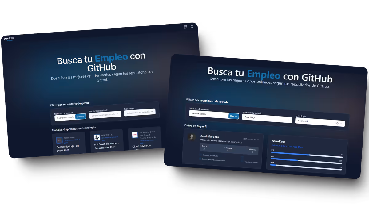 Captura de pantalla o vista previa del proyecto DevJobs: Encuentra empleos con InfoJobs API y GitHub más rápido.
