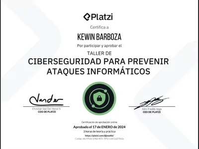 Certificado de Curso de Introducción a Ciberseguridad: Prevención de Ataques Informáticos emitido por Platzi