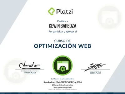 Certificado de Curso de Optimización Web emitido por Platzi