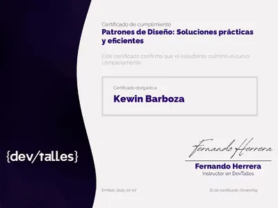 Certificado de Patrones de Diseño: Soluciones prácticas y eficientes emitido por DevTalles