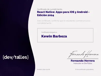 Certificado de React Native: Apps para iOS y Android emitido por DevTalles