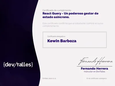Certificado de TanStack Query: Manejo de estado en aplicaciones React emitido por DevTalles